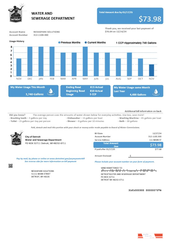 USA Ohio City of Detroit water business utility bill template in Word and PDF formats